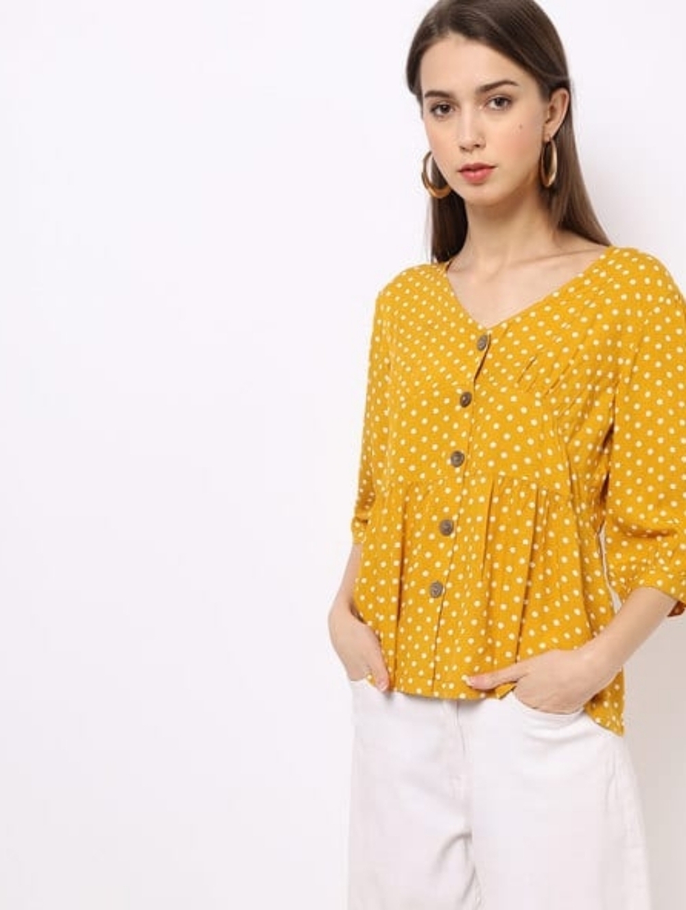 Gipsy Mustard Yellow Polka Dot Button-Front Peplum Top
